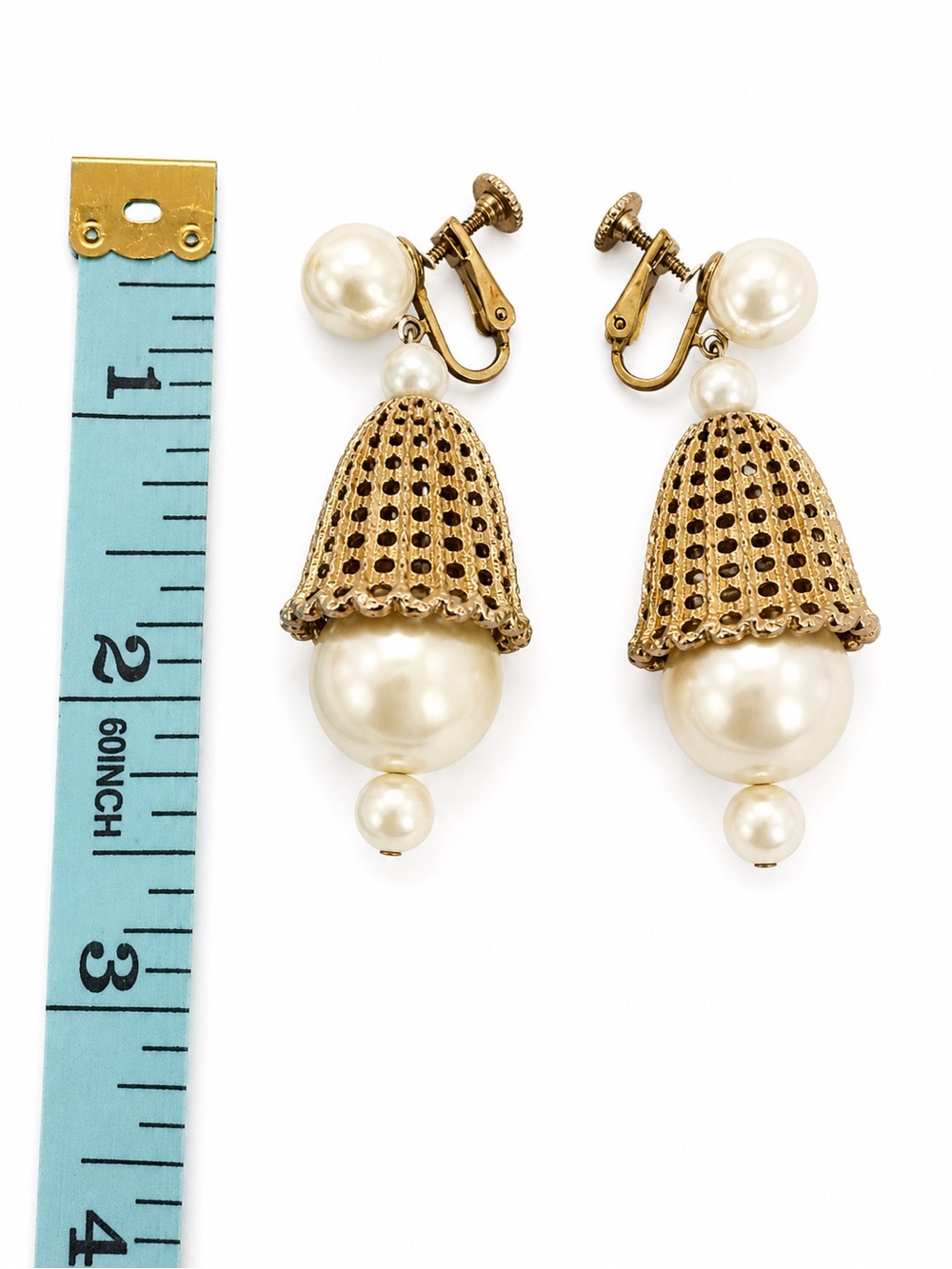 Signed Vintage Marvela Faux Pearl Gold Tone Clip-On Dangle Statement Earrings - Picture 6 of 6